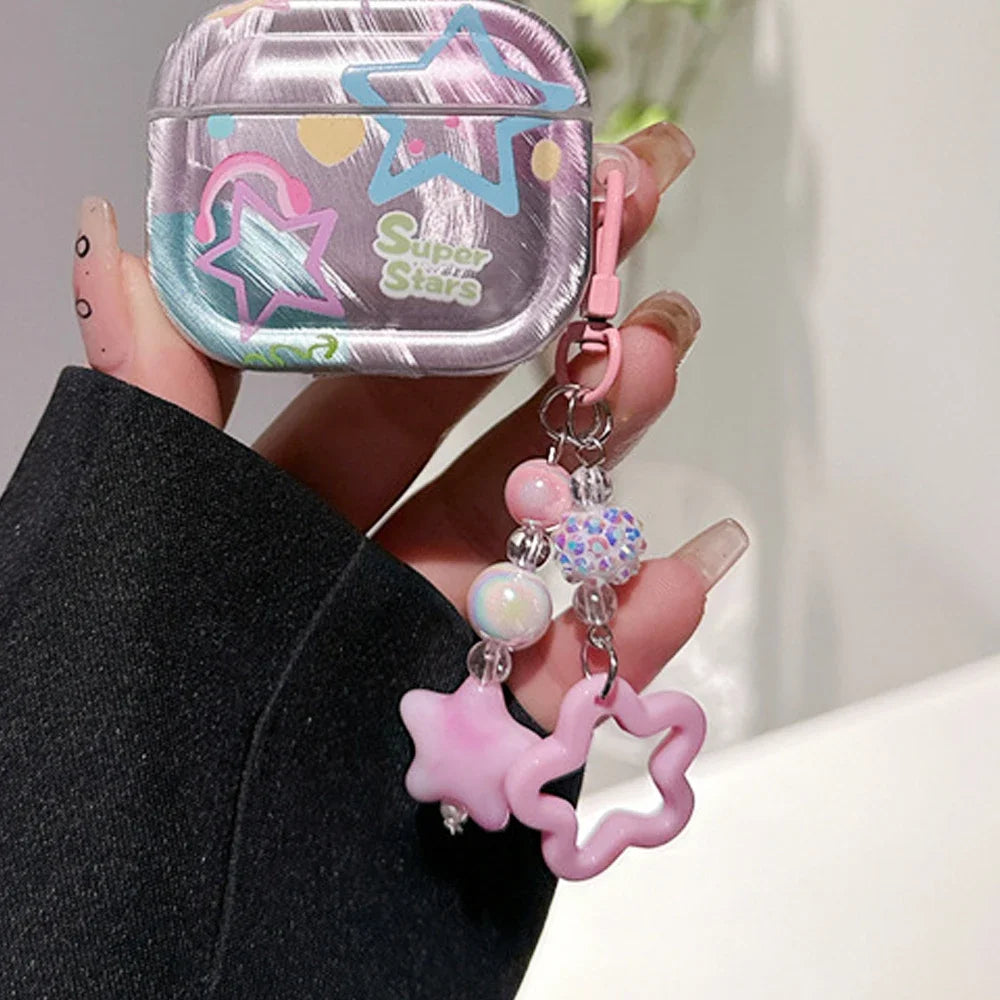 Gradient Color Star Beaded Keychain Imitation Pearl Acrylic Hollow Pentagram Keyring Girls Earphone Case Phone Decor Ornaments