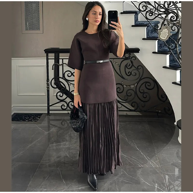 Chic Splicing Brown Half Sleeve Maxi Dress Women's Casual Pleated A-line Slim Vestidos Female Office Commute Street Robes