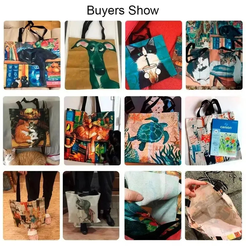 A Casual Tote Bag with a Cat And Flower Pattern, This Reusable Shoulder Shopping Bag