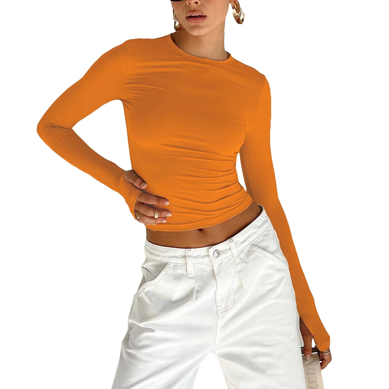 Fashion Women T-shirt Long Sleeve Crew Neck Solid Slim Fit Ladies Crop Top with Thumb Holes for Daily Streetwear Summer Camis