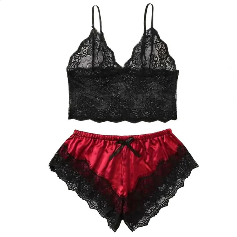 Women's 2 Piece Sexy Lace Pajama Set See-through Bralette Cami Top And Shorts Breathable Sleepwear Plus Size Summer Lingerie