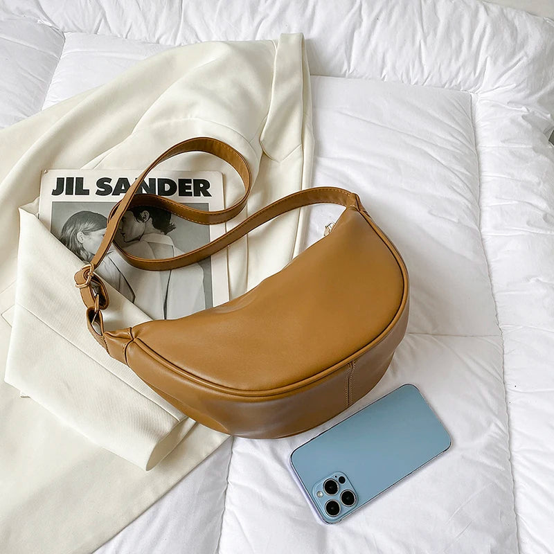 Half Moon Small PU Leather Zipper Crossbody Bags For Women Solid Color Shoulder Handbags 2025 Trends Winter Luxury Brand