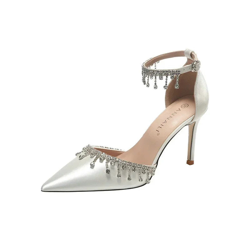 Comemore White Wedding Bridesmaid Shoes Satin Fashion Rhinestone Fringe Chain High Heels Black Temperament Elegance Pumps