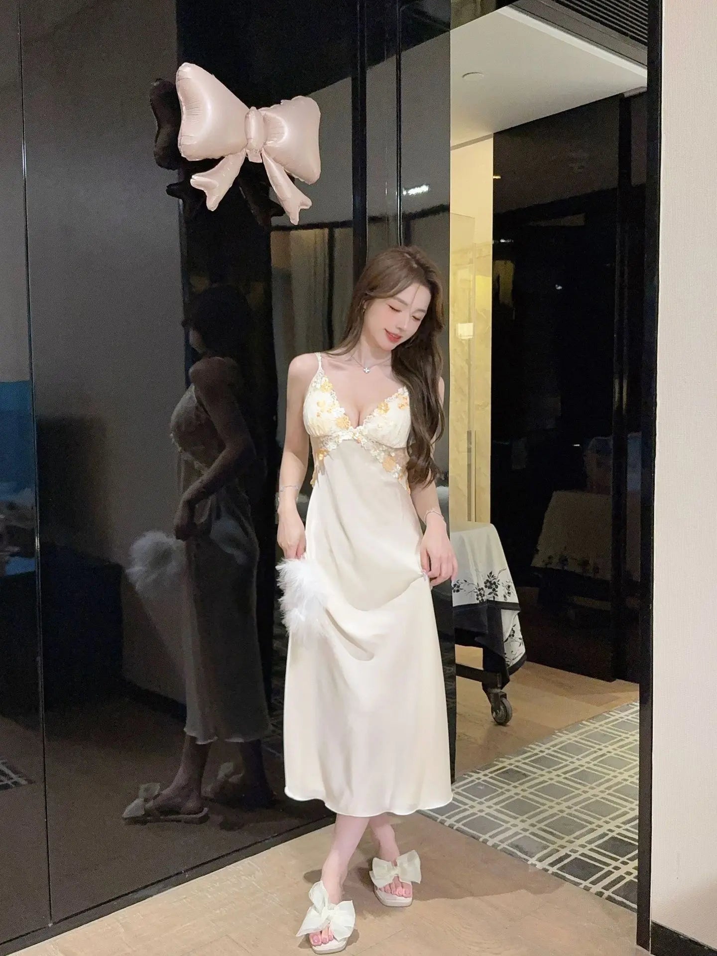 Patchwork Lace Female Long Twinset Robe Set Sexy Lingerie Nightgown Home Dress Elegant Ice Silk Kimono Gown Bathrobe Sleepwear