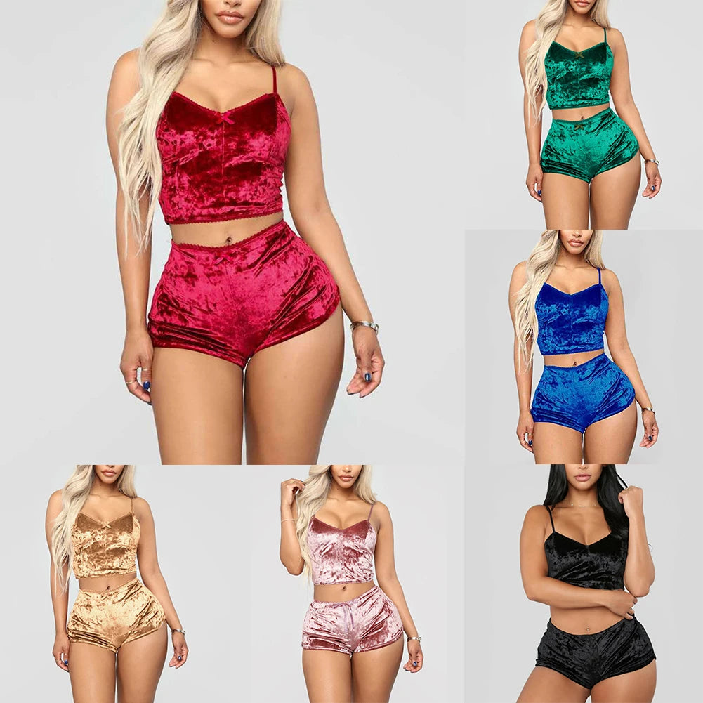 Women Sexy Lingerie Set Oil Shiny Nightwear Super Soft Short Sleepwear Sleeveless Crop Tops Solid Shorts Pajamas Set Casual Wear