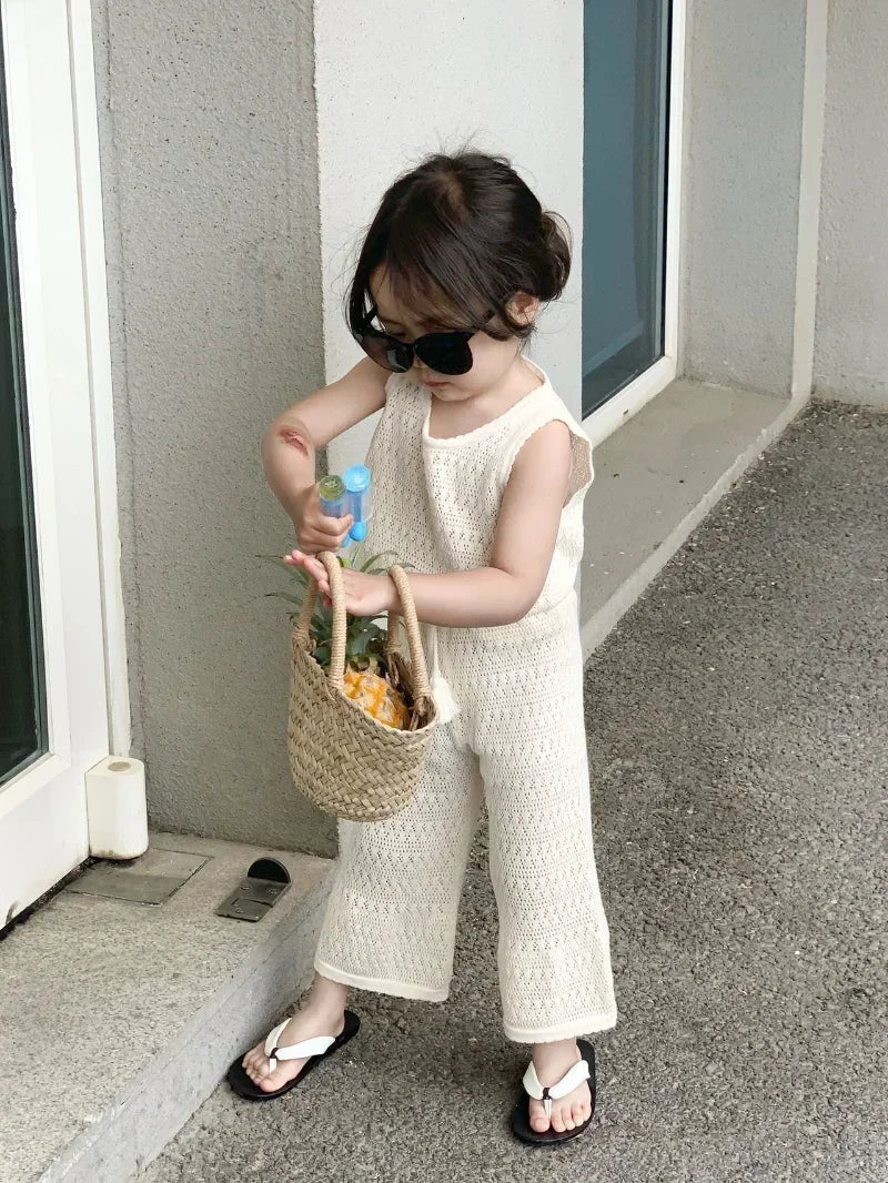 Girl's Clothing Summer Korean Thin Knitted Girl Set Children Hollow Breathable Vest + Wide Leg Pants Two-piece Suit