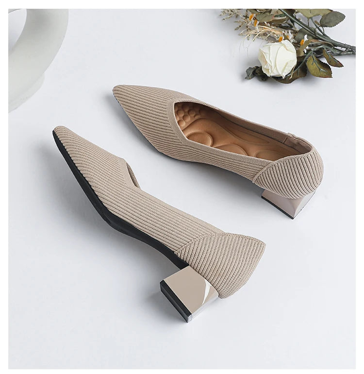 New Women's High Heels Large 42/43 Fashion Pointed Anti slip Rubber Bottom Knitted Breathable Shoes