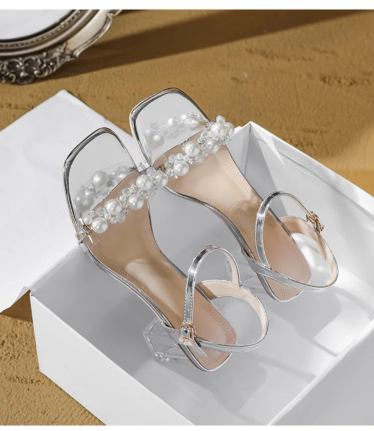 Summer Fahsion Sandals Women 2026 New Pearl High Heels Slippers Girls Crystal Heel Summer Shoes Trendy Slides Transparent Sandal