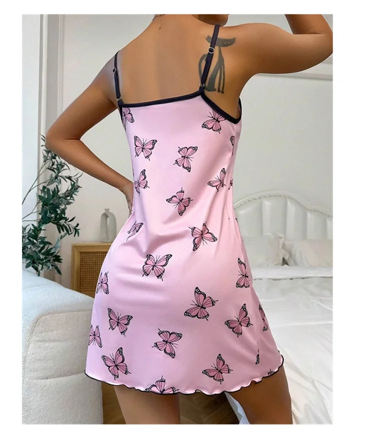 Women's Sleepwear Butterfly Print Lettuce Trim Nightdress Casual Round Neck Backless Mini Slip Dress Soft Comfortable Nightwear