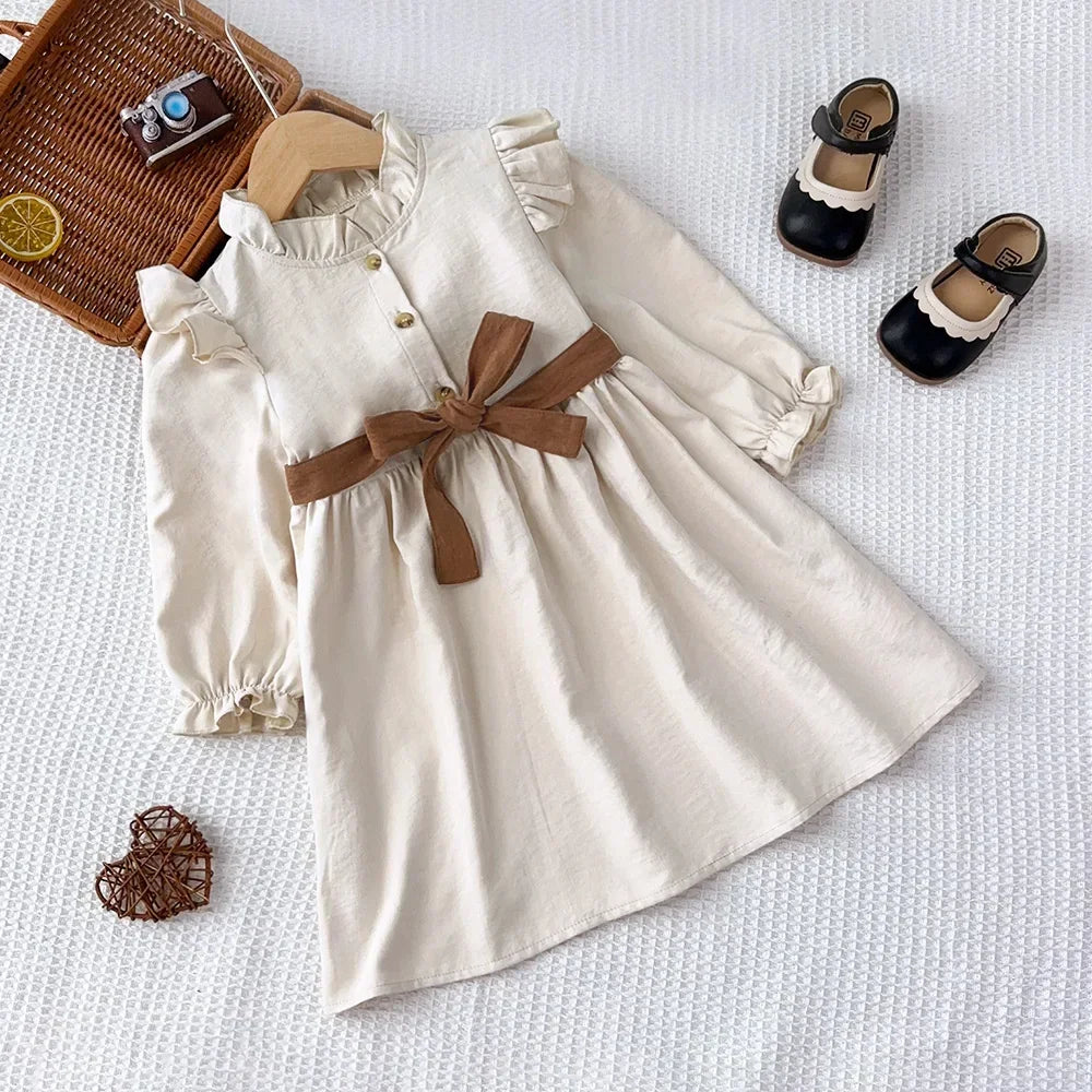 Autumn Plain Long Sleeved Stand Collar Tied Dress Solid Color Kids Dresses for Girls Daily Casual Clothes 3-7 Years Old