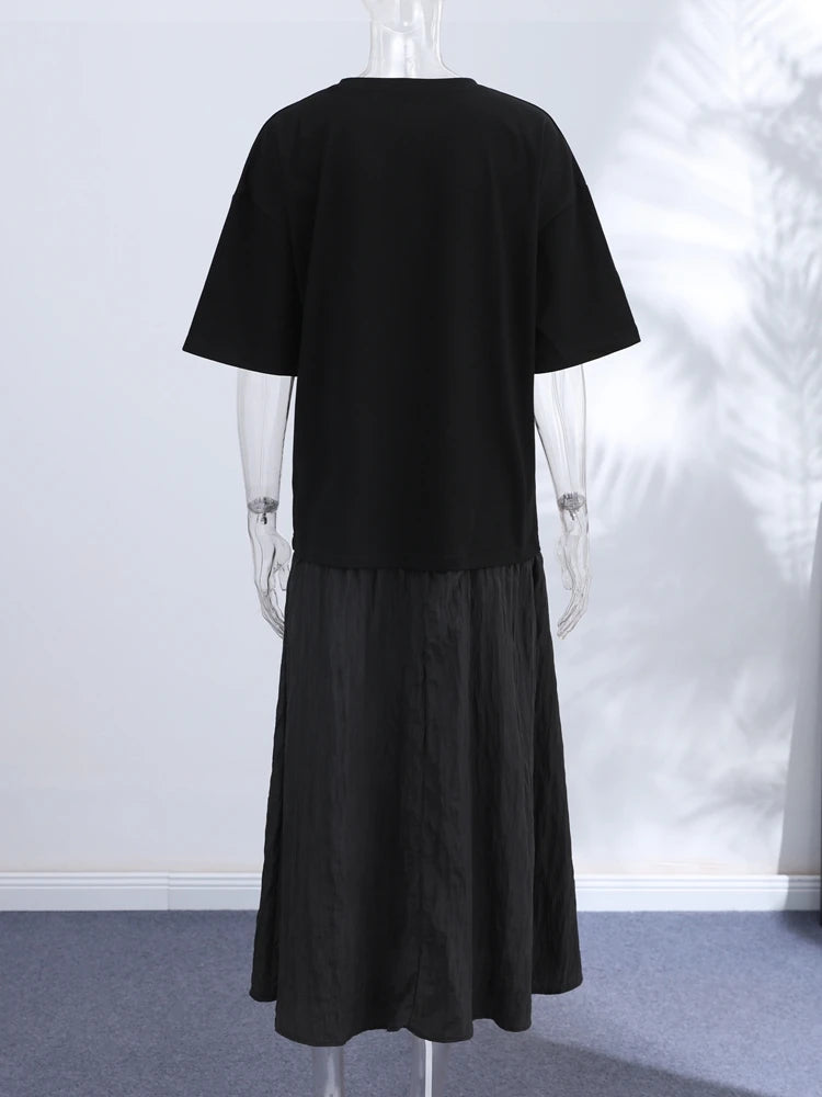 Short Sleeve Patchwork Oversized Long Dress Women Elegant O-neck Pleated Loose Party Evening Dresses Summer Casual Lady Vestidos