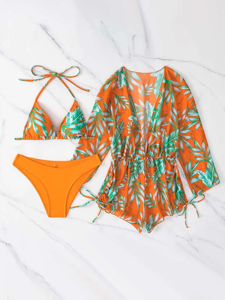New 3 Piece Bikini Set Plus Size Swimsuit Women Long Sleeve Cover Up Print Halter Swimwear Beach Wear Sexy Bathing Suit 3XL