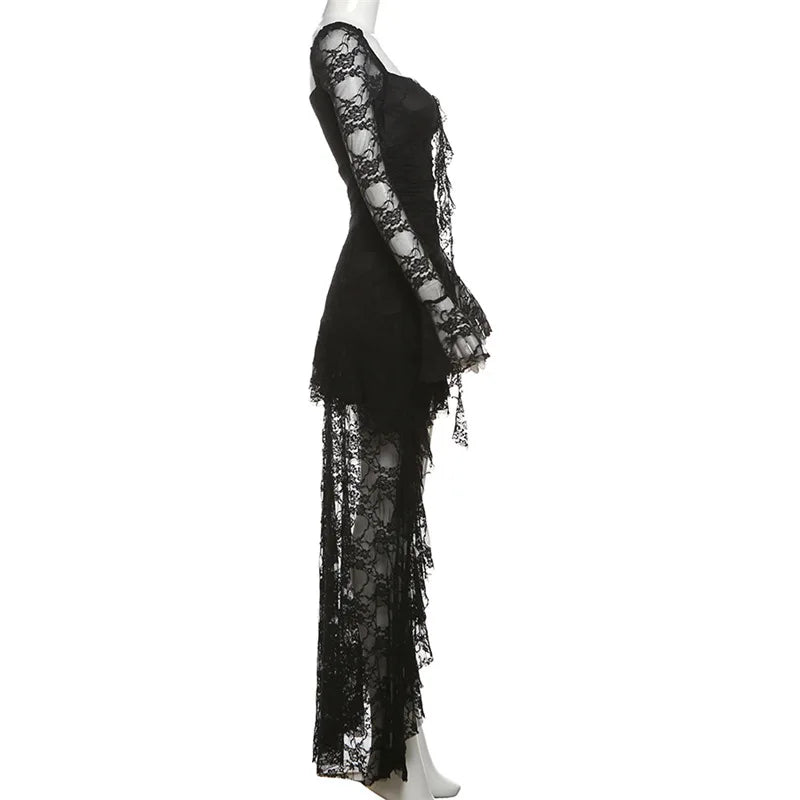 Goth Dark Fairycore Lace Flare Sleeve Square Neck A-line Dress Sweet E-girl Irregular Long Hem Dresses Cyber Y2K Party Vestido
