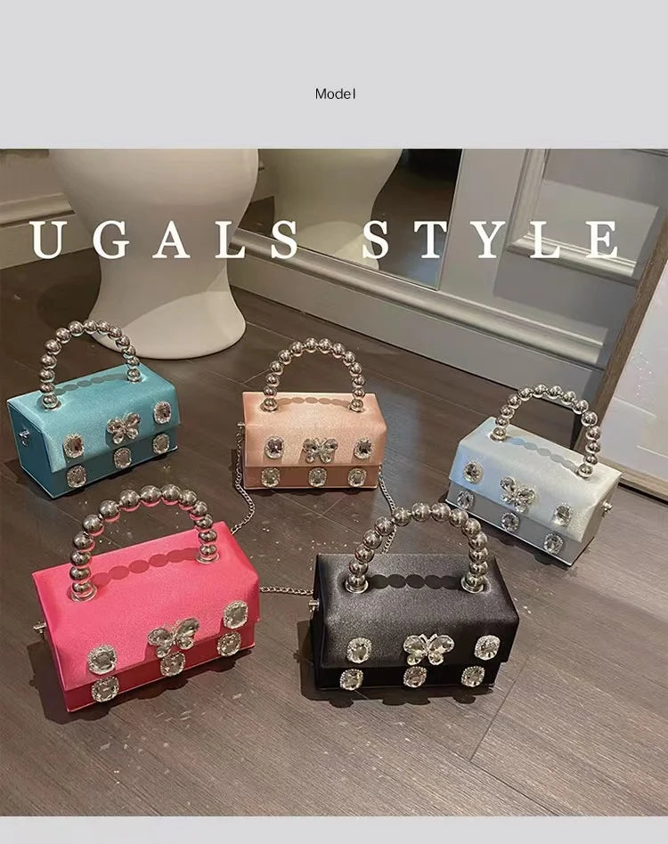 Luxury Designer Satin Square Box Crystal Shiny Diamonds Evening Bag Women's Handbag Wedding Party Clutch Purse Crossbody Bag