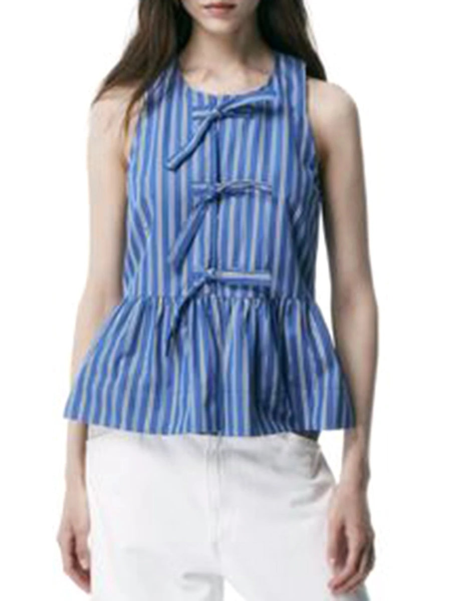 y2k Clothes Tank Top Women Elegant Striped Sleeveless Tie Up Cardigan Vest T Shirt 2000s Aesthetic Streetwear