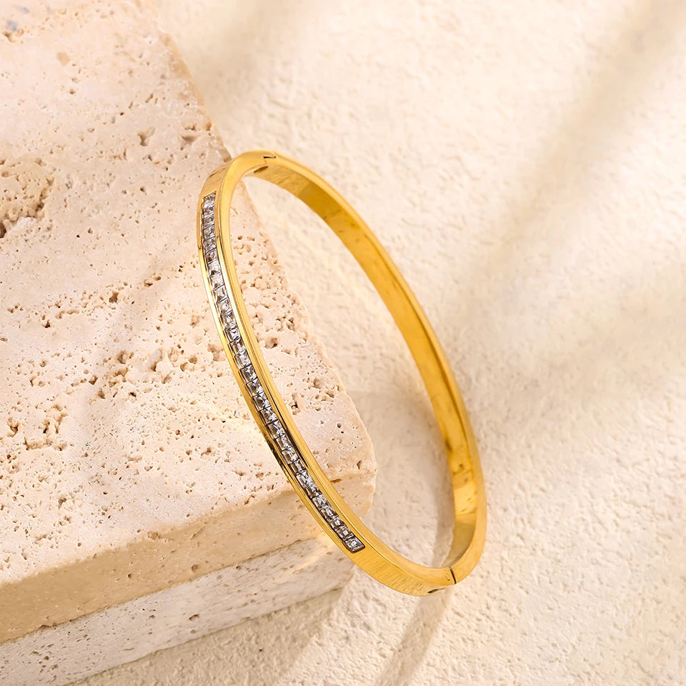 Yupsk Titanium Steel Couple's Bracelet Shiny Zircon Inlaid Stainless Steel Bangles Gold/Silver Color Female Jewelry Gift