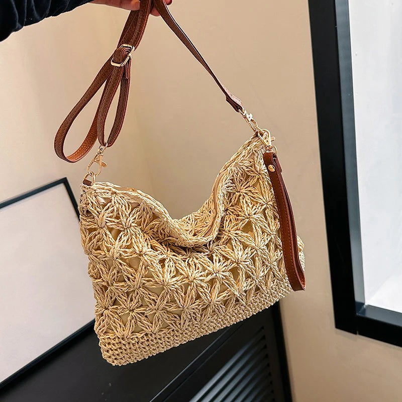 Summer Beach Women Straw Rattan Weave Shoulder Crossbody Bag Hollow Design Female Retro Daily Messenger Handbag