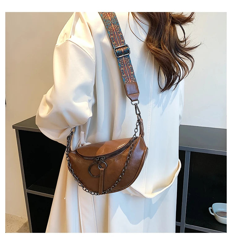 Fashion Saddle Waist Bag Fanny pack Luxury Leather Female Belt Bags Chain Handbag Purse Woman Retro Shoulder Crossbody Chest Bag