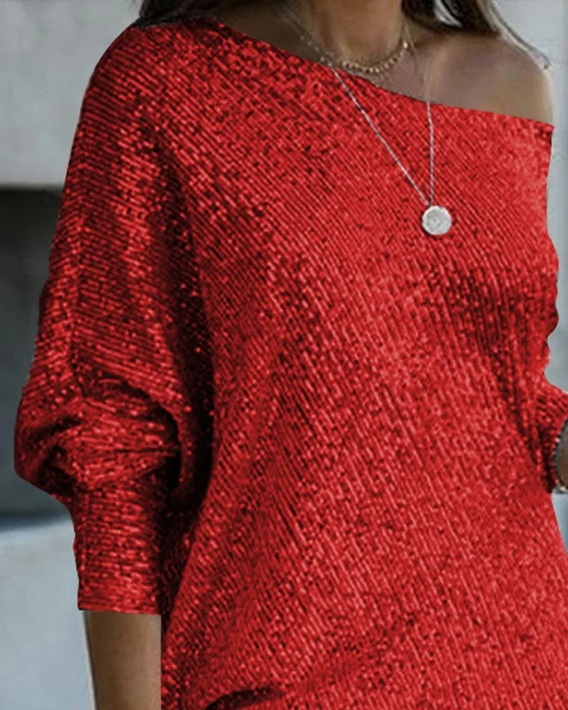 Sexy Slim-Fit Sequined Mini Dress Autumn and Winter New Dress Women Long Sleeve Off Shoulder Slash Neck Party Formal Dress