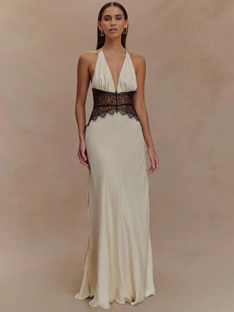 Mozision Summer Backless Sexy Maxi Dress Women Gown Patchwork Lace Halter Deep V Neck Sleeveless High Waist Elegant Long Dress