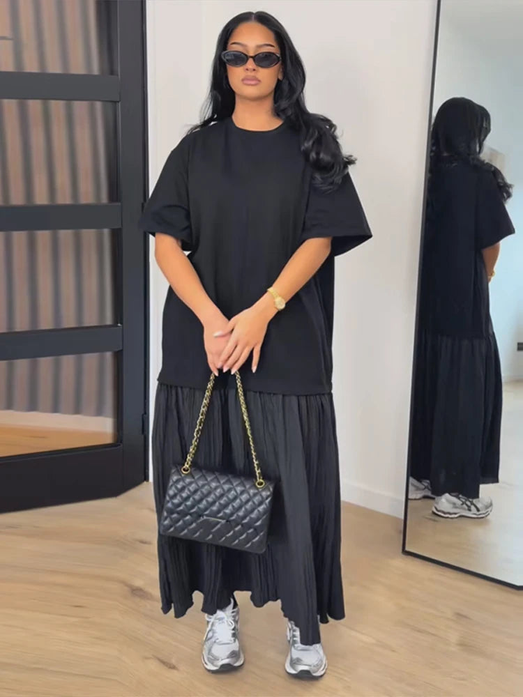 Short Sleeve Patchwork Oversized Long Dress Women Elegant O-neck Pleated Loose Party Evening Dresses Summer Casual Lady Vestidos