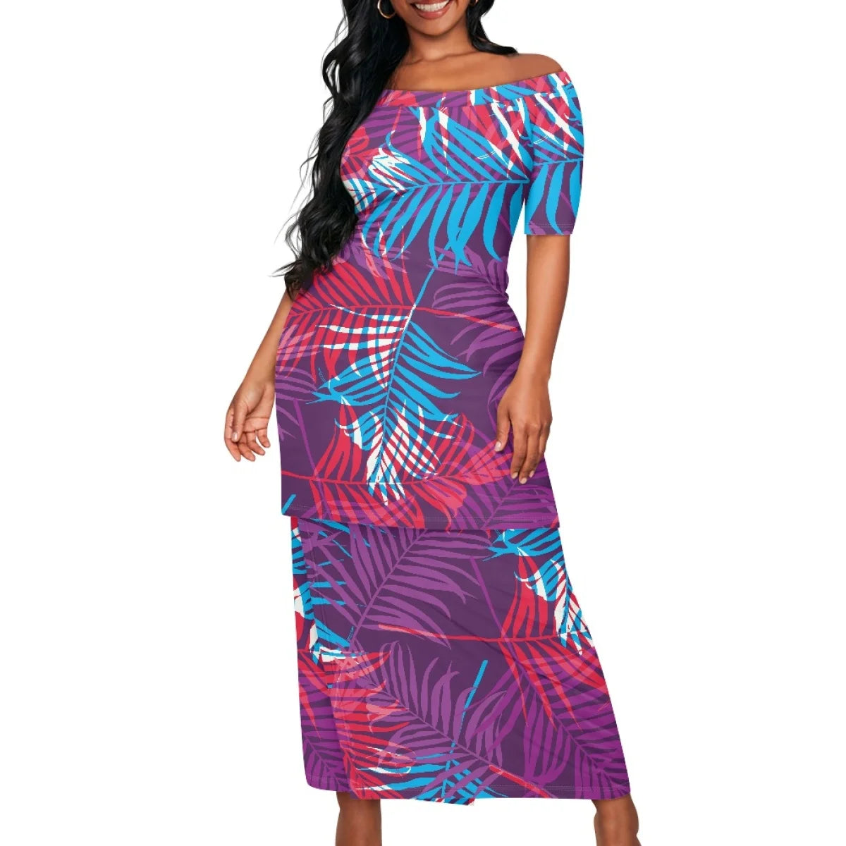 Summer Islander Women Puletasi Samoa Dresses Lady Short Sleeve Off shoulder Two Piece Set Polynesian Tribal Clothing White Print