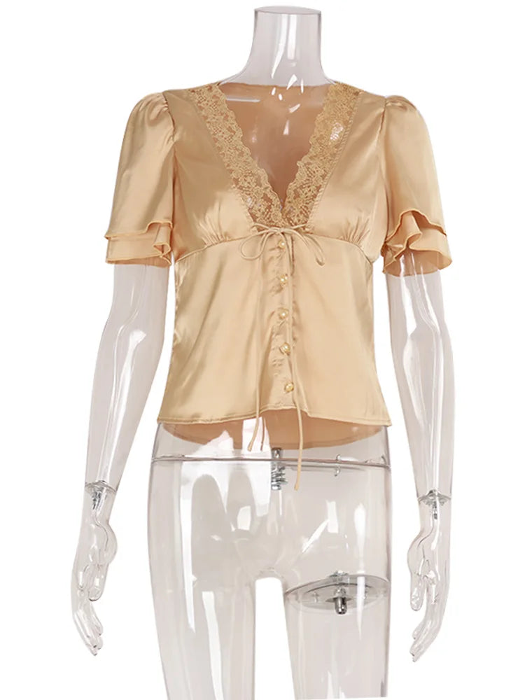 CNYISHE Lace Patchwork Solid Short Sleeve Tops for Women V Neck Sheath Fashion Tees Female Sexy Club T-shirts Elegant Casual