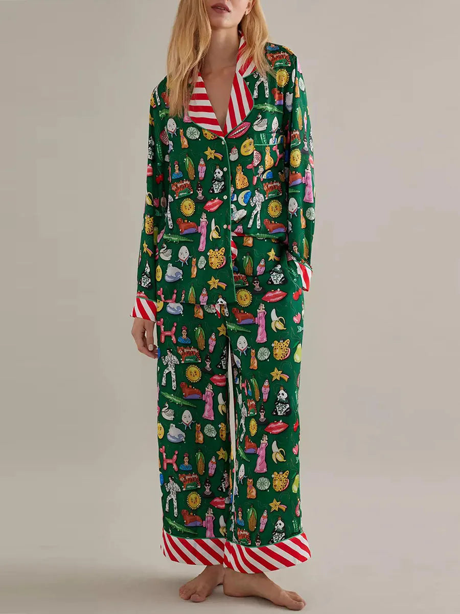 Women Pajama Set Food Animal Print Long Sleeve Button Closure Tops with Pants Sleepwear Loungewear