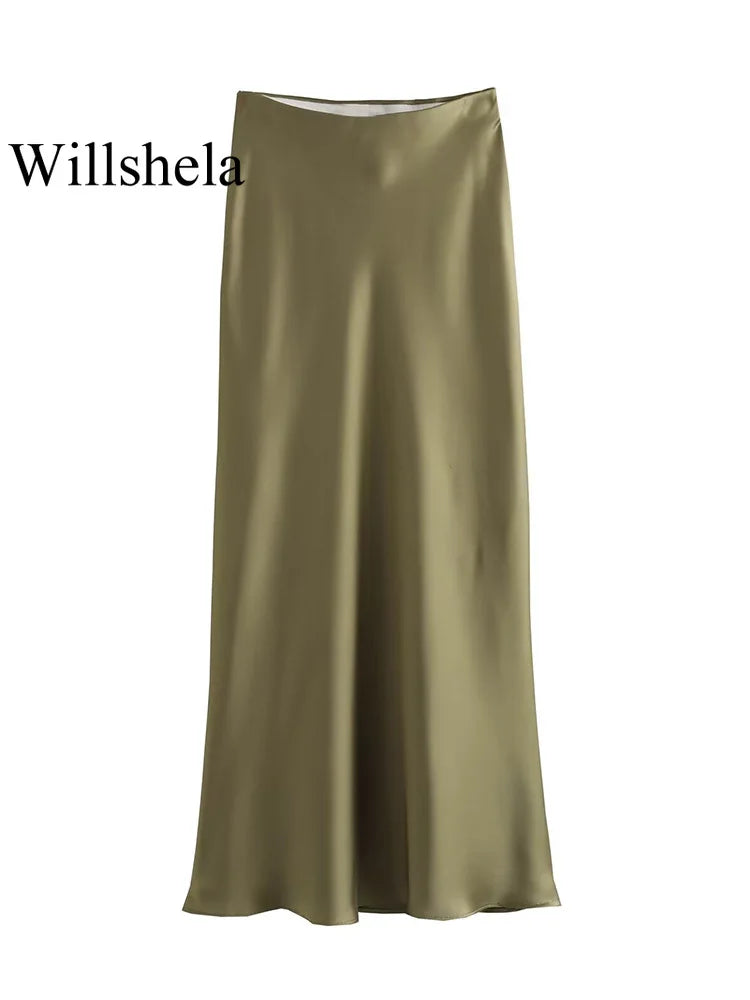 Willshela Black Satin Skirt Woman High Waist Elegant Long Skirts For Women Fashion Summer Midi Skirt Office Women's Skirts