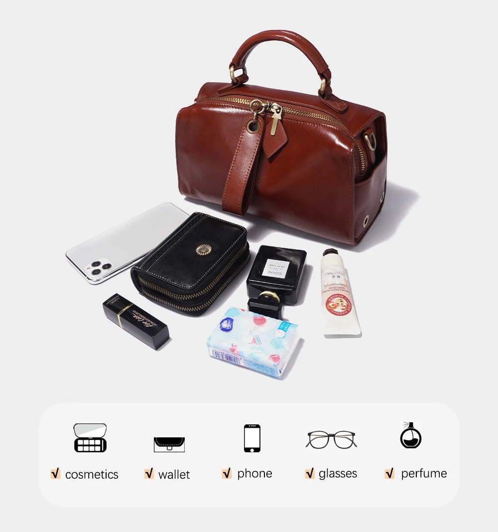 Zency Oil Wax Leather Vintage Green Handbag Women Shoulder Bag Satchel Black Wave Pattern Wide Strap Classic Boston Bag Purse