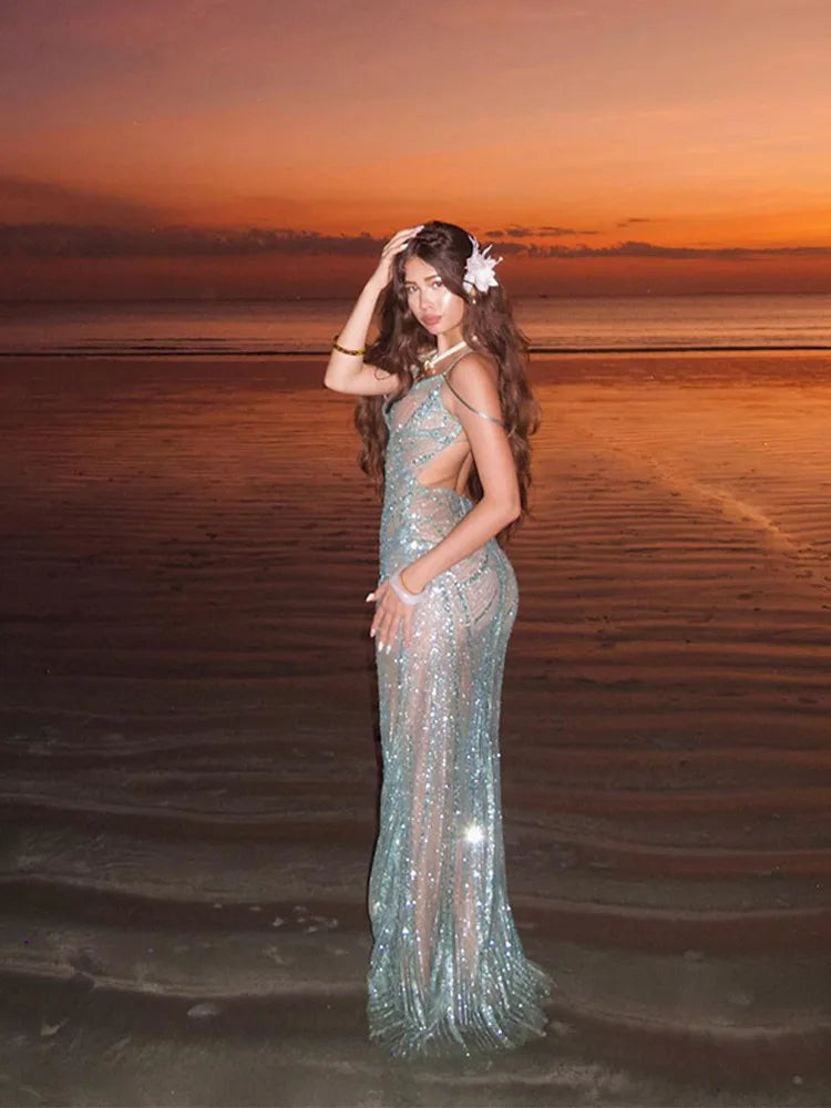 Sexy See Through Blue Sequin Dress For Woman Beautiful Sleeveless Backless V-neck Shiny Sheer Swimsuit Slim Fish Tail Vestidos