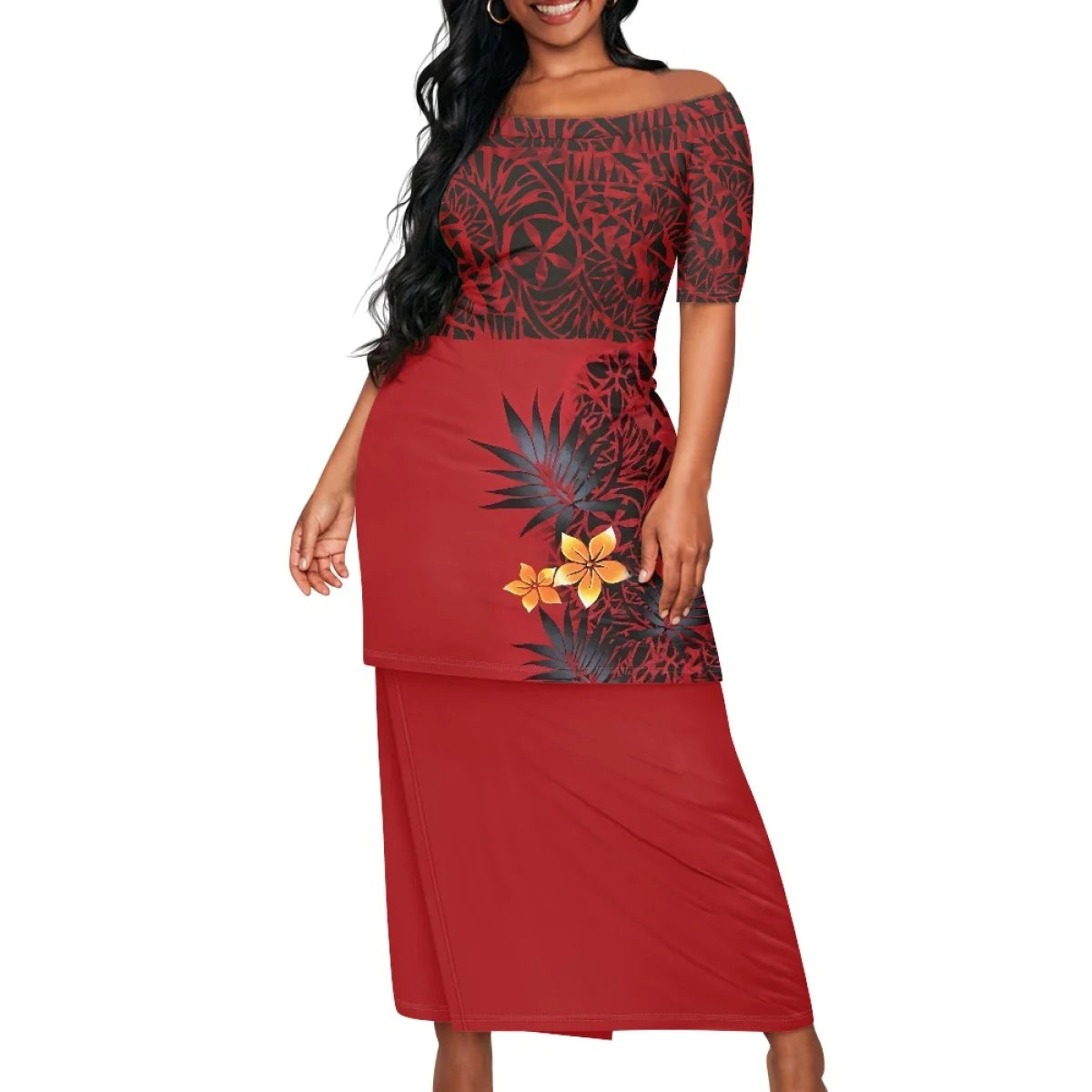 Summer Islander Women Puletasi Samoa Dresses Lady Short Sleeve Off shoulder Two Piece Set Polynesian Tribal Clothing White Print