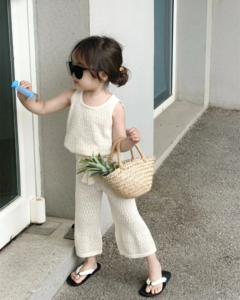 Girl's Clothing Summer Korean Thin Knitted Girl Set Children Hollow Breathable Vest + Wide Leg Pants Two-piece Suit