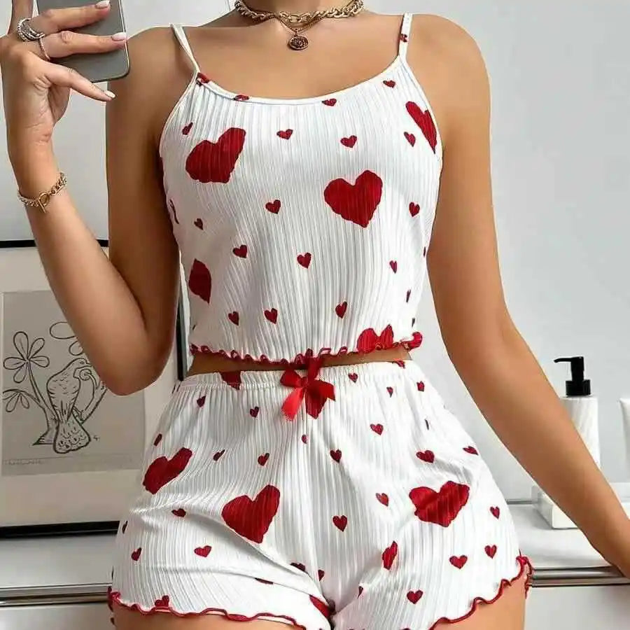 Women's Kawaii Pink Heart Print Pajama Set, Ribbed Spaghetti Strap Crop Top & Shorts, Summer Sleepwear Loungewear