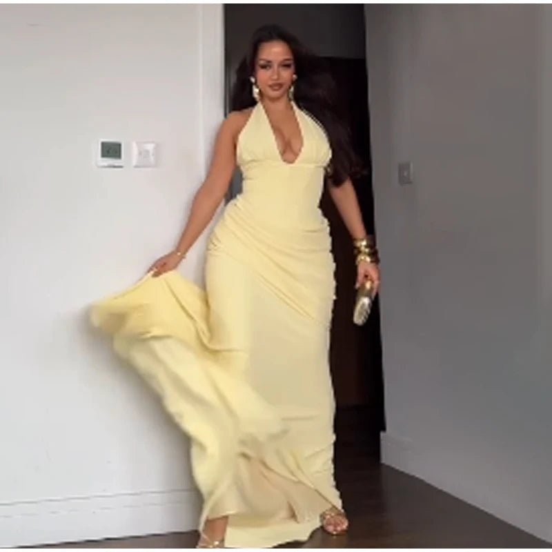 Sexy Yellow Mermaid Maxi Dress Halter Plunging V Neck Pleated Bust Ruched Waist Bodycon Dresses Trendy Social Gathering Vestido