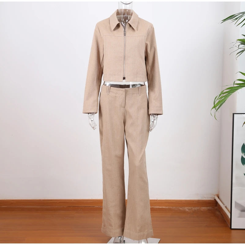 Casual Trousers Set Women Cotton Linen Lapel Zippers Crop Top Straight Pants Sets Lady 2026 Spring Solid Suit Woman Streetwear