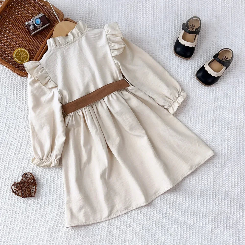 Autumn Plain Long Sleeved Stand Collar Tied Dress Solid Color Kids Dresses for Girls Daily Casual Clothes 3-7 Years Old