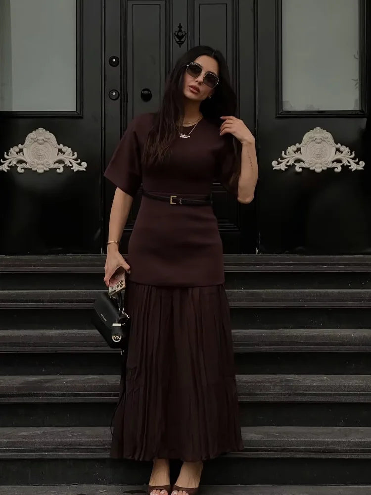 Chic Splicing Brown Half Sleeve Maxi Dress Women's Casual Pleated A-line Slim Vestidos Female Office Commute Street Robes