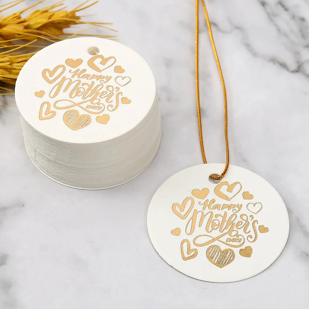 50pcs Happy Mother's Day Gift Tags Bronzing White Paper Cards Mother Mum Mommy Gifts Bags Boxes Decoration Product Hang Tag