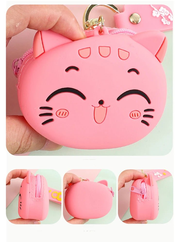 Cute Cartoon Cat Silicone Coin Purse with Keyring Kawaii Kids Coin Bag Portable Data Cable Earphone Organizer Coin Key Pouch
