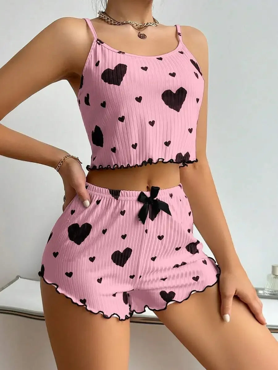 Women's Kawaii Pink Heart Print Pajama Set, Ribbed Spaghetti Strap Crop Top & Shorts, Summer Sleepwear Loungewear