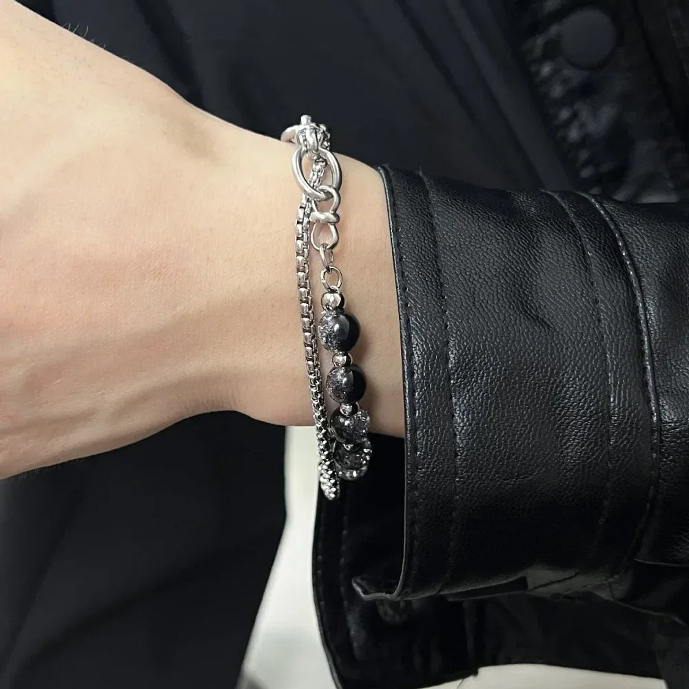 Retro Black Cracking Beads Bracelet for Men Women Stainless Steel Double Layered Chain Fashion Hip-pop Jewelry Pulseras