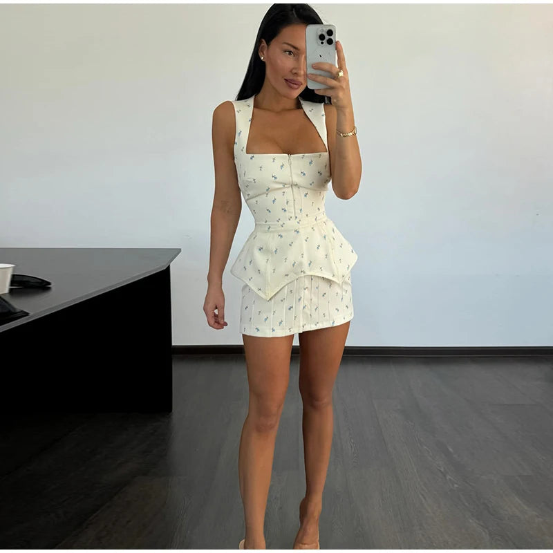 Women's White Floral Print Puff Sleeve Dress With Waistband Fashion Satin Ruffled Hem Maxi Dress