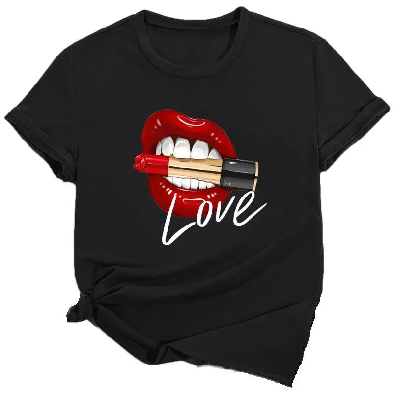 Women Tops O-neck Sexy Black Tees Kiss Lip Funny Summer Female Soft T Shirt Lips Watercolor Graphic T Shirt