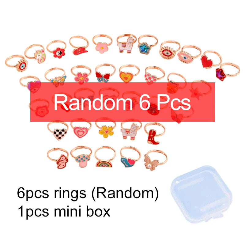 6/12/36pcs Adjustable Rings for Girls Pretend Play Makeup Toys for kids Cartoon Jewelry Alloy Rings Birthday Gifts for Girls