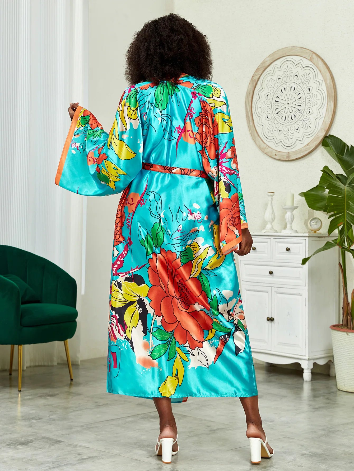 Long Kimono Bath Robe Gown Wide Sleeve Print Flower Robe Women Satin Nightgown New Silk Satin Nightdress V-Neck Lounge Sleepwear
