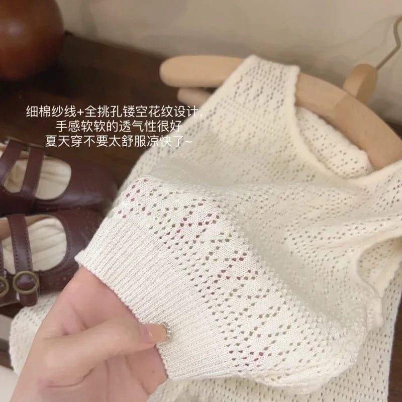 Girl's Clothing Summer Korean Thin Knitted Girl Set Children Hollow Breathable Vest + Wide Leg Pants Two-piece Suit