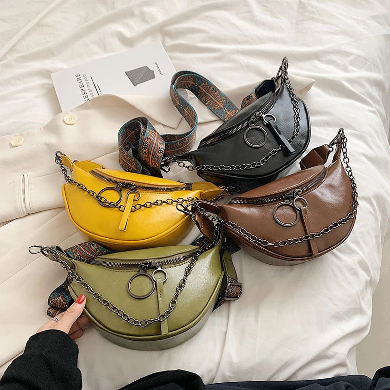 Fashion Saddle Waist Bag Fanny pack Luxury Leather Female Belt Bags Chain Handbag Purse Woman Retro Shoulder Crossbody Chest Bag