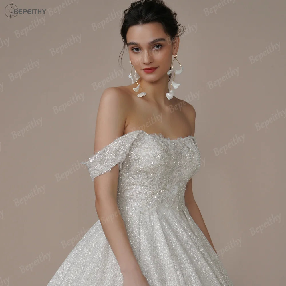 BEPEITHY Customized Luxury Strapless A Line Glitter Wedding Dresses Off The Shoulder Women Ivory Bling-Bling Bride Bridal Gown