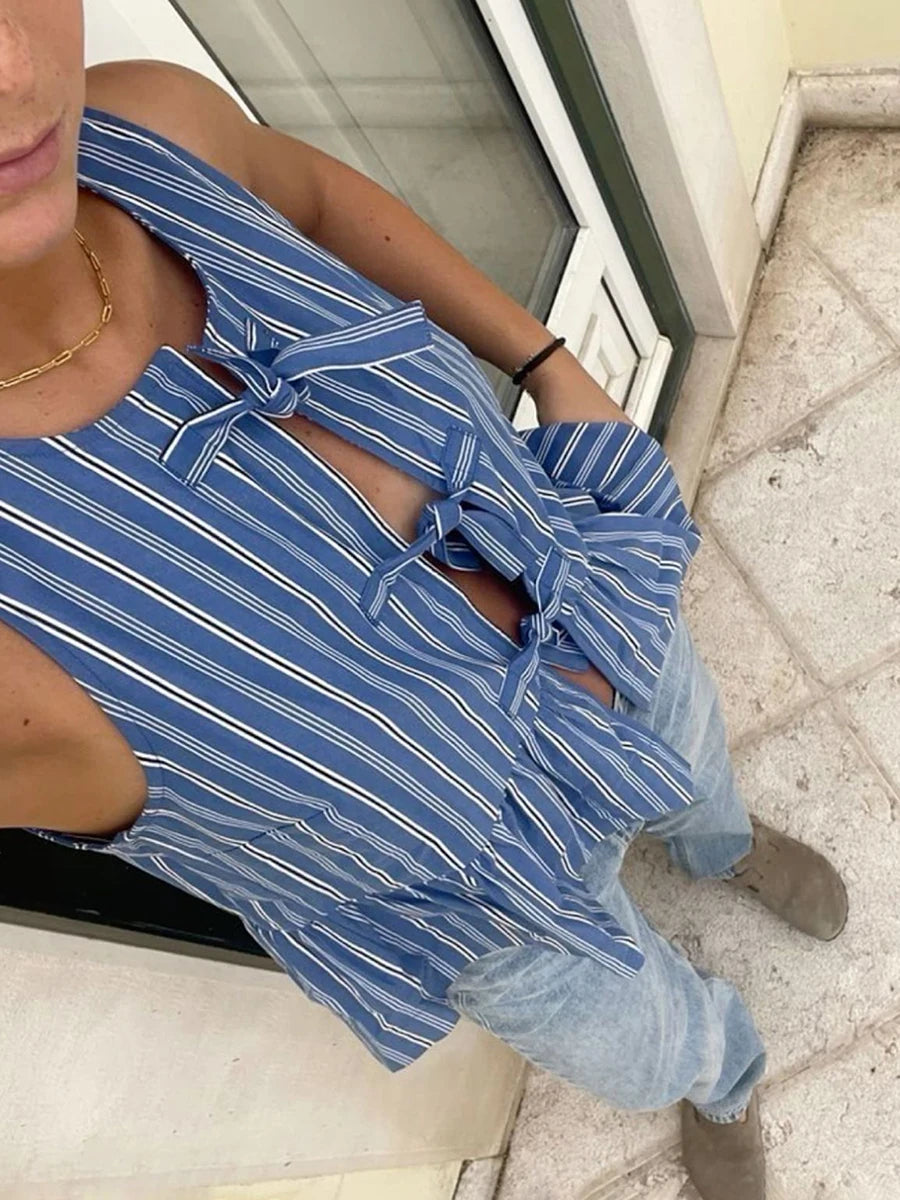 y2k Clothes Tank Top Women Elegant Striped Sleeveless Tie Up Cardigan Vest T Shirt 2000s Aesthetic Streetwear